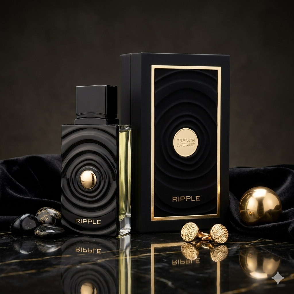 Frasco de perfume Ripple Eau de Parfum da Luxos do Oriente, com design elegante e detalhes que refletem a essência francesa.