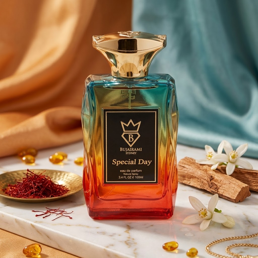 Perfume Eau de Parfum Special Day Bujairami da Luxos do Oriente, embalagem com frasco elegante e detalhes dourados.