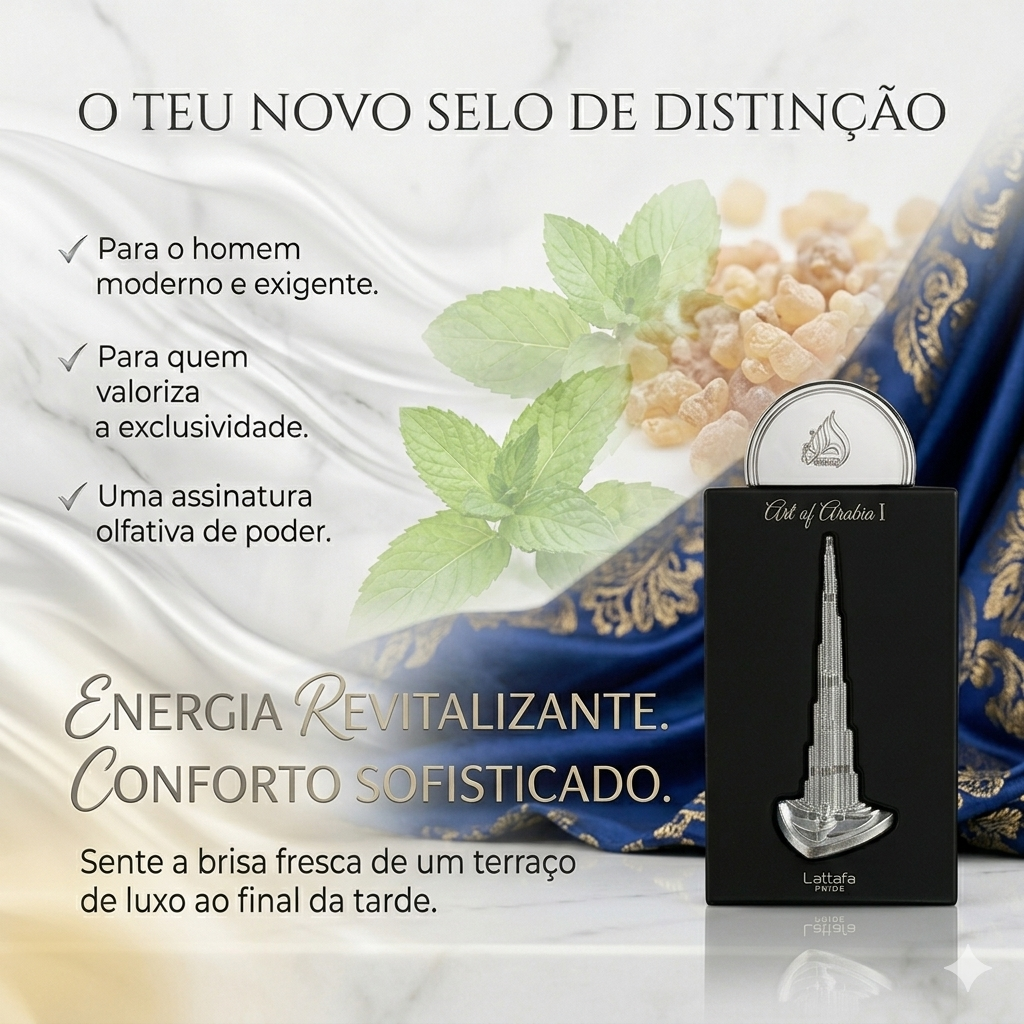 Frasco de Eau de Parfum Art of Arabia I da Lattafa Pride, embalagem elegante do perfume Luxos do Oriente.