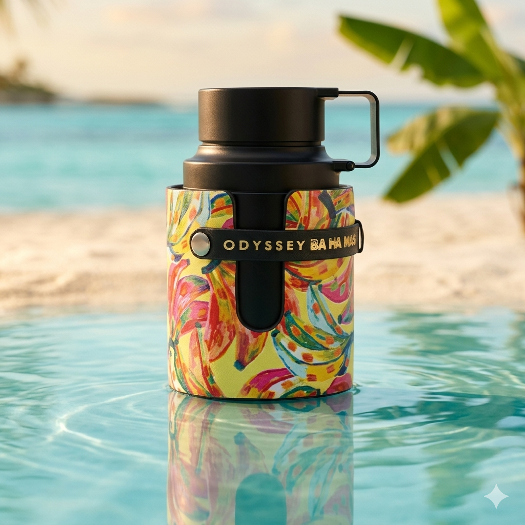 Perfume Odyssey BA-HA-MAS de Armaf, Eau de Parfum, frasco elegante com detalhes dourados e rótulo, ideal para ocasiões especiais.