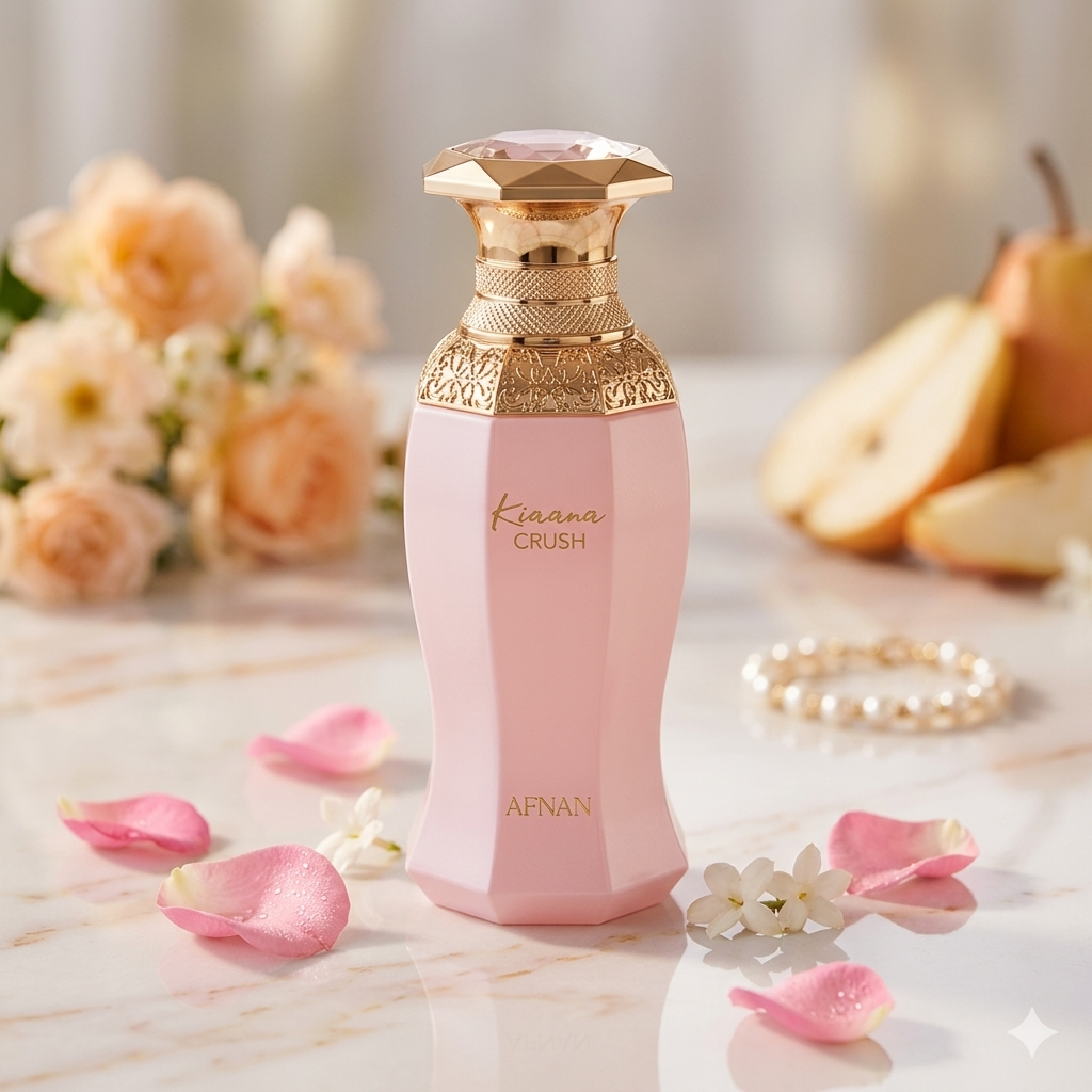 Frasco de perfume Kiaana Crush Eau de Parfum da marca Afnan Original, com design elegante e detalhes dourados.