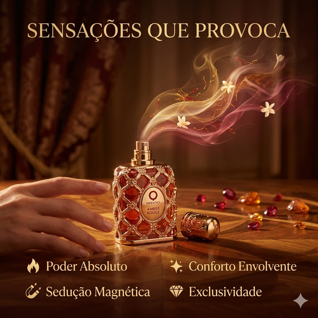 Perfume Amber Rouge da Orientica, Eau de Parfum de luxo com embalagem elegante, destaque para frasco dourado e detalhes sofisticados.