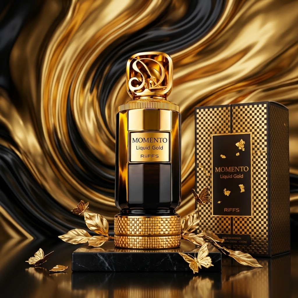Frasco do perfume Momento Liquid Gold da Riiffs, extrato de parfum com embalagem elegante e detalhes dourados.