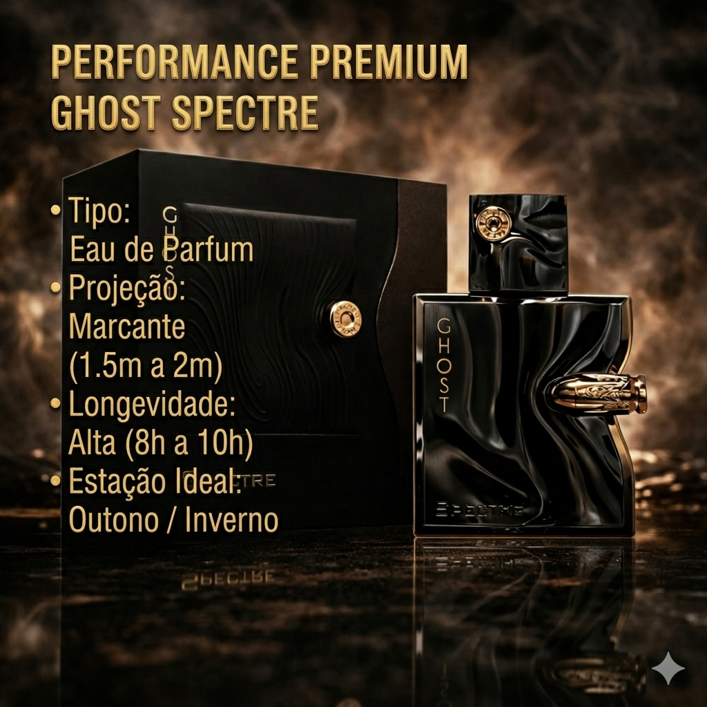Frasco de perfume Oud de Ouro Spectre Ghost – French Avenue, embalagem elegante e design sofisticado.