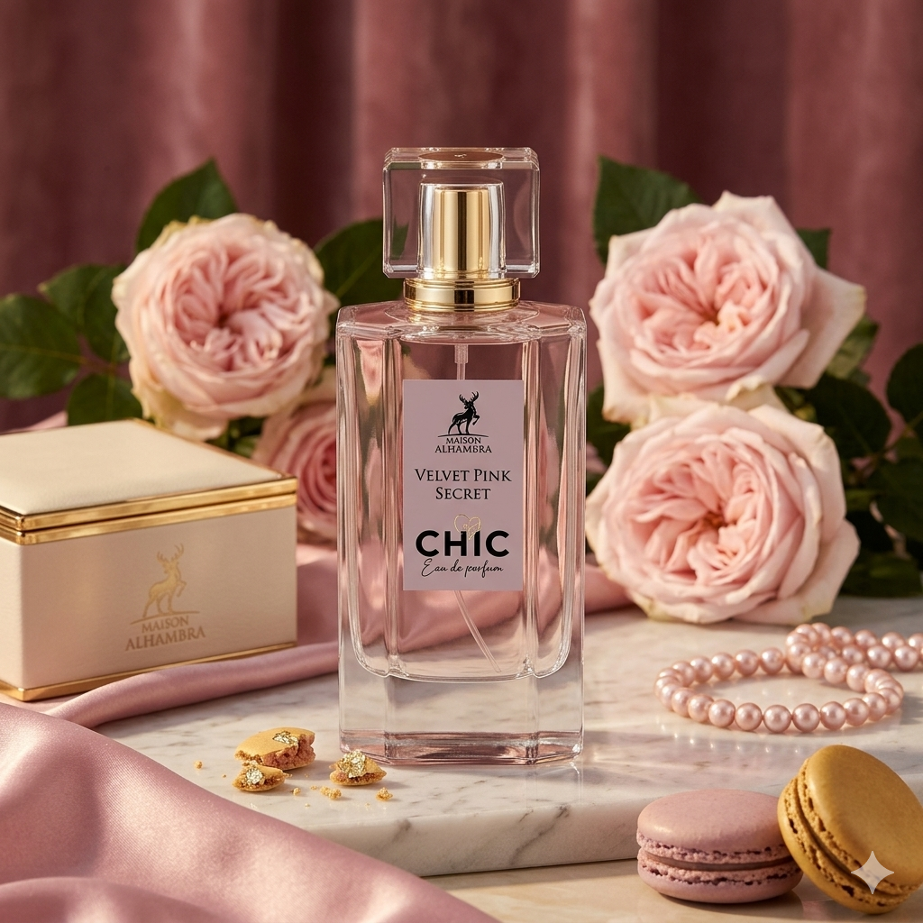 Frasco de perfume Eau de Parfum Maison Alhambra Secret Pink em vidro com tampa dourada, design elegante e sofisticado