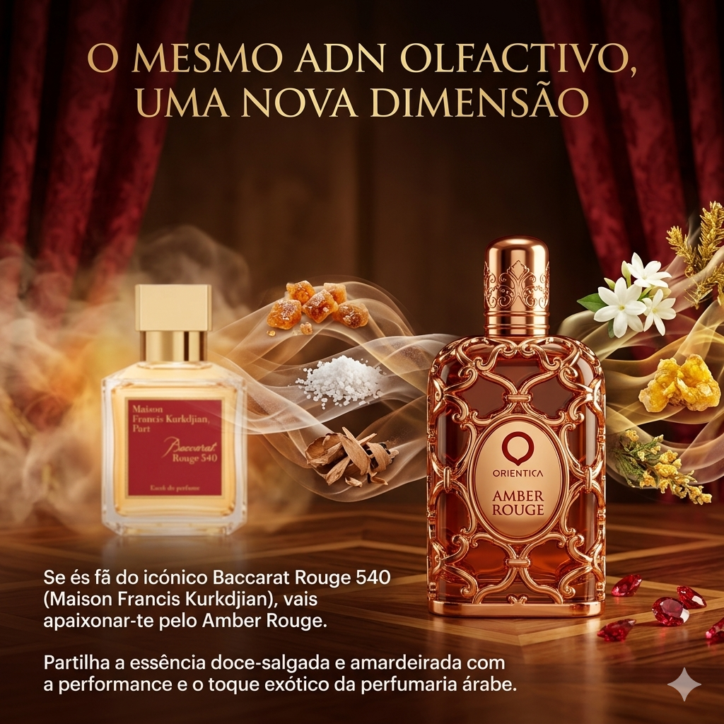 Frasco de perfume Amber Rouge Eau de Parfum da Luxos do Oriente com design elegante e detalhes dourados.
