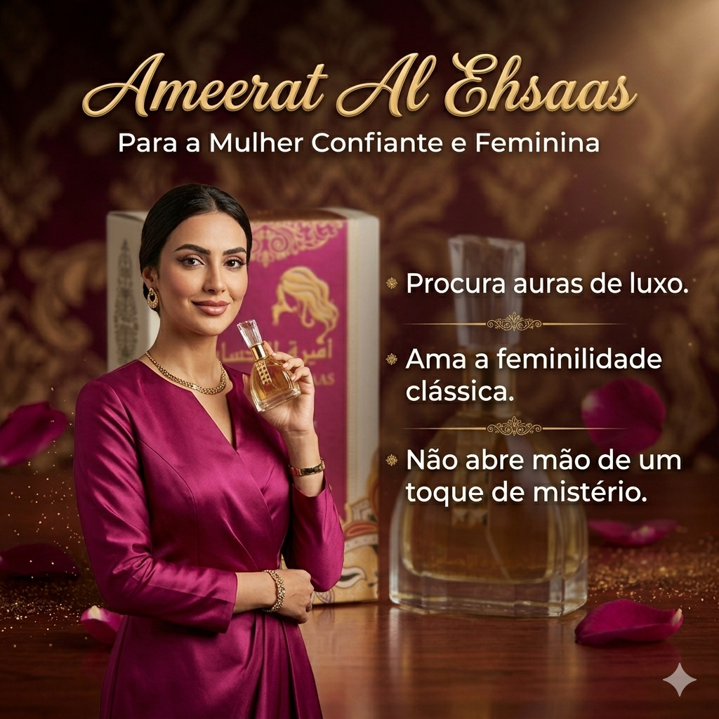 Frasco de perfume Ameerat Al Ehsaas Eau de Parfum da marca Ard Al Zaafran, embalagem elegante com detalhes dourados.
