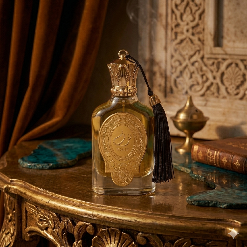 Frasco de perfume Nouf Eau de Parfum da Luxos do Oriente, com design elegante e detalhes sofisticados.