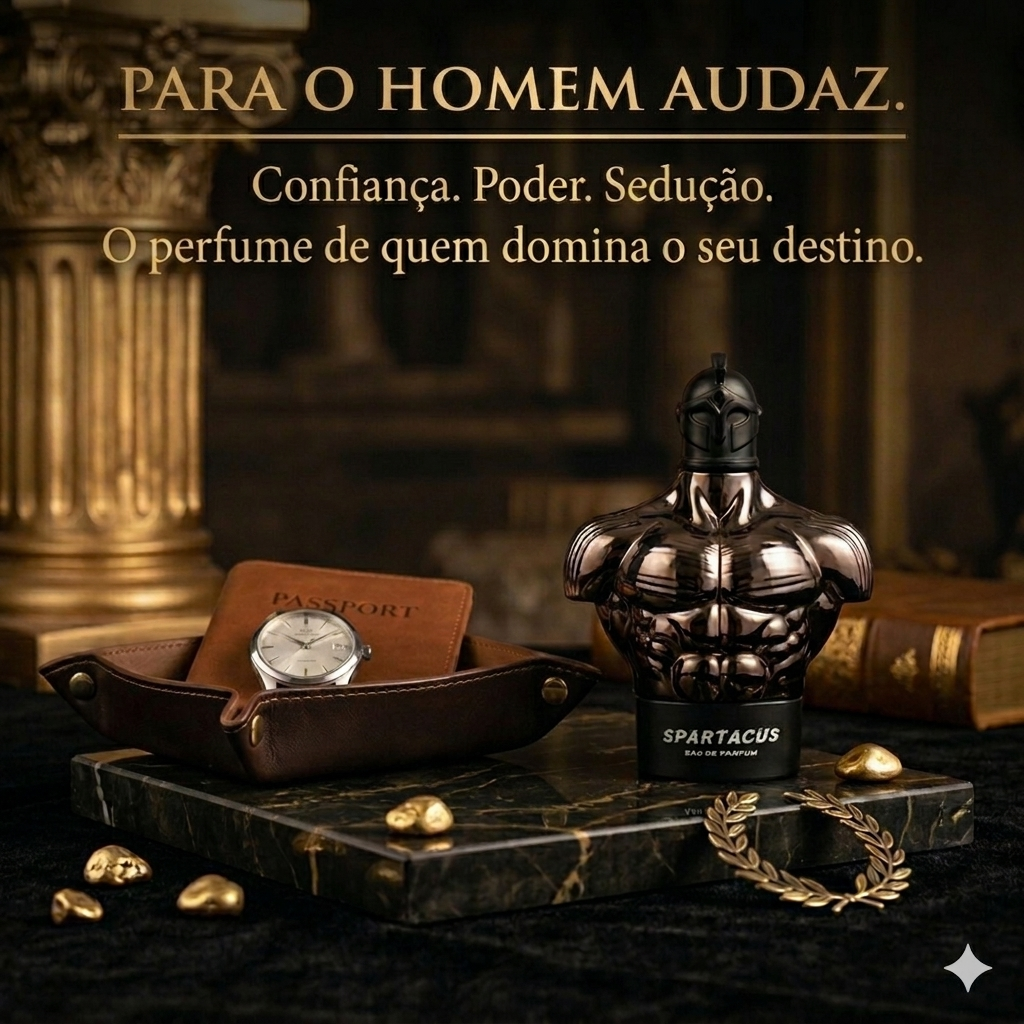 Frasco de Eau de Parfum Spartacus da Armaf, com design elegante e detalhes dourados, para homens sofisticados.