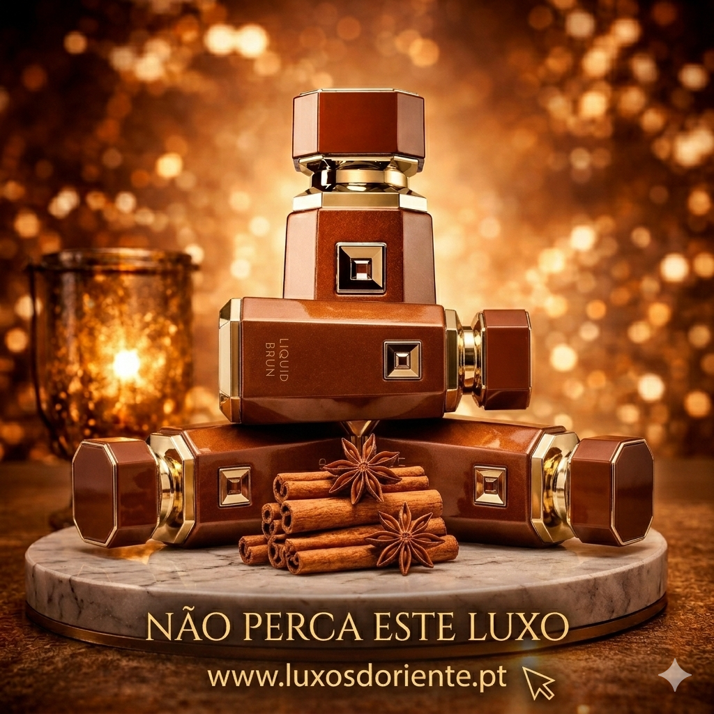 Liquid Brun fragrance bottle by Oud de Ouro, showcasing elegant design and rich, deep color on a neutral background.