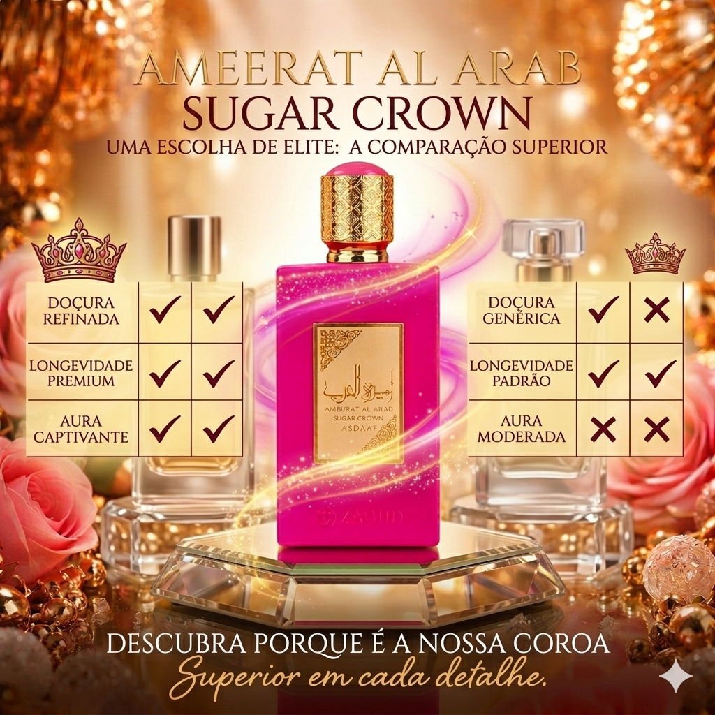 Coroa de açúcar Ameerat Al Arab da Lattafa, fragrância Oud de Ouro, com detalhes dourados e design elegante.