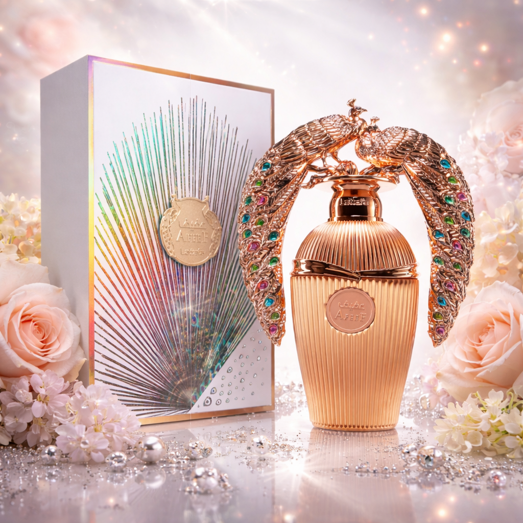 Lattafa Original Afeef perfume bottle with intricate design, showcasing Oud de Ouro brand elegance and craftsmanship.
