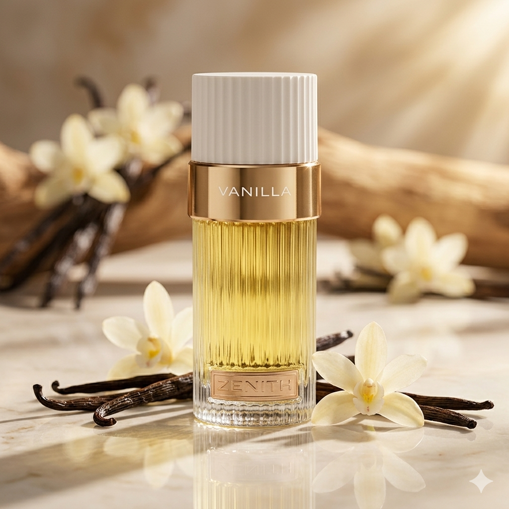 Perfume Zenith Vanilla da Luxos do Oriente, frasco de Eau de Parfum French Avenue Original, com rótulo e tampa visíveis.