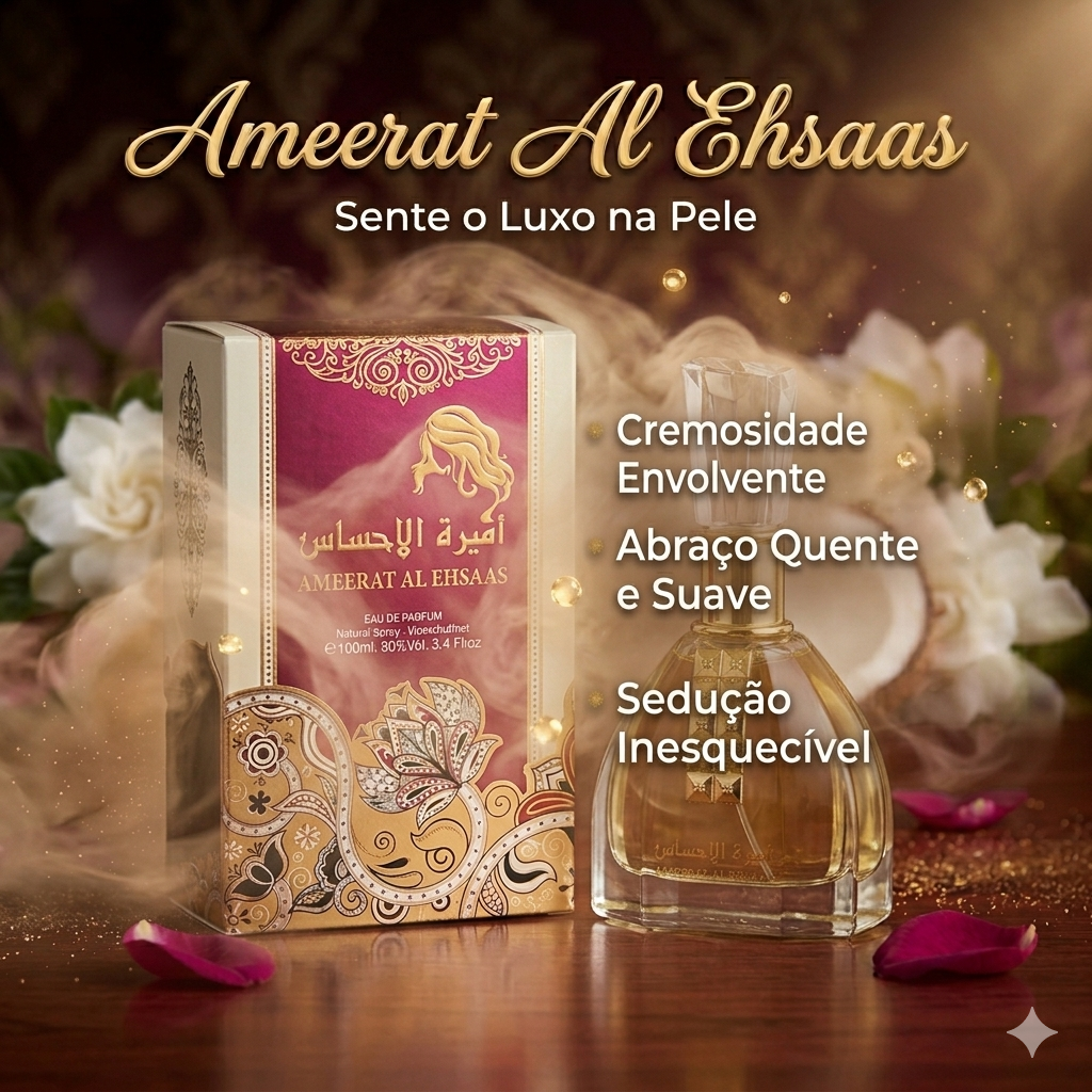 Perfume Ameerat Al Ehsaas Eau de Parfum da Ard Al Zaafran, fragrância oriental original, embalagem elegante, Luxos do Oriente.
