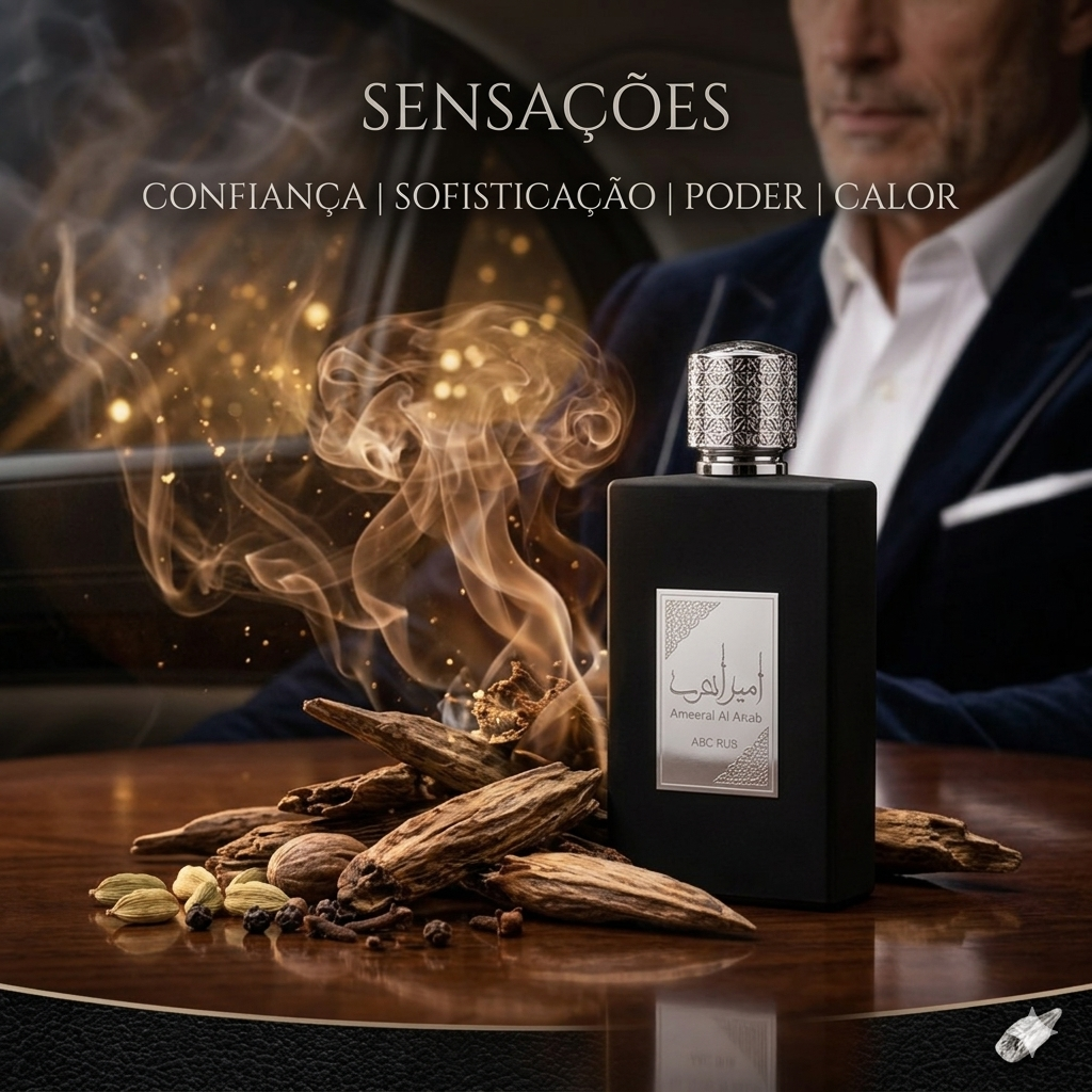 Perfume Oud de Ouro Ameer Al Arab Lattafa Original, frasco de vidro com rótulo elegante e tampa dourada.