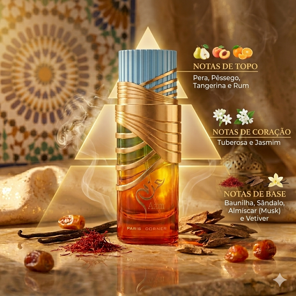 Eau de Parfum Luxos do Oriente AZM Paris Corner original, frasco elegante com detalhes dourados e tampa preta.