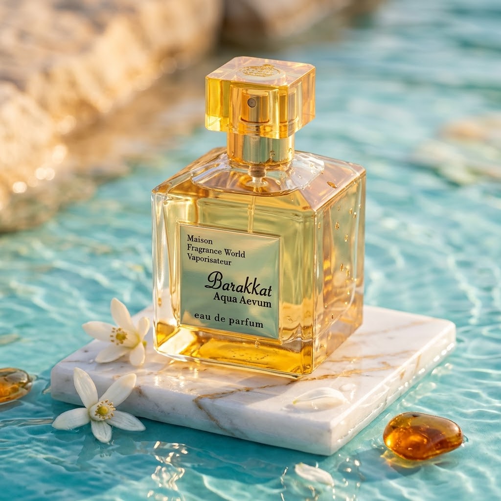 Frasco de perfume Barakkat Aqua Aevum da Fragrance World, fragrância luxuosa com design elegante da marca Luxos do Oriente