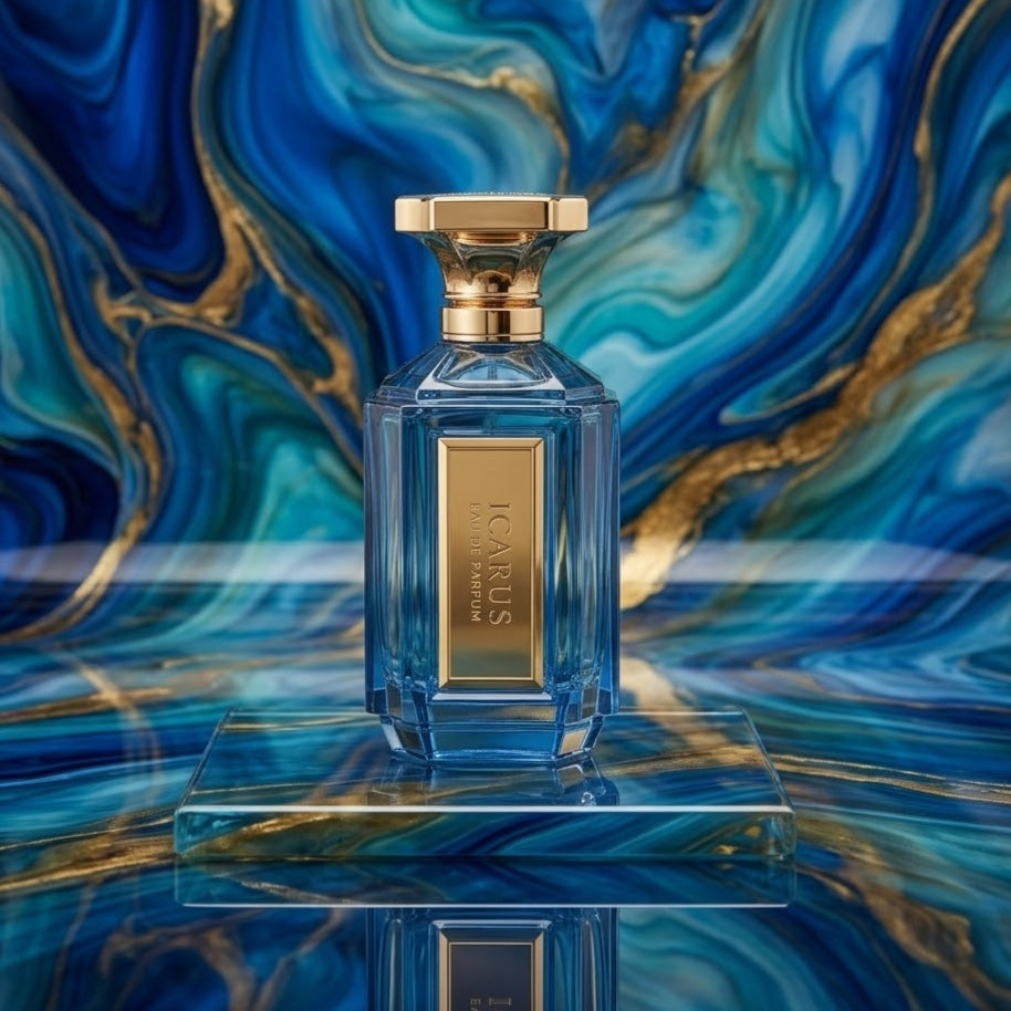 Perfume Eau de Parfum Icarus da Luxos do Oriente, embalagem elegante com frasco de vidro e detalhes dourados.