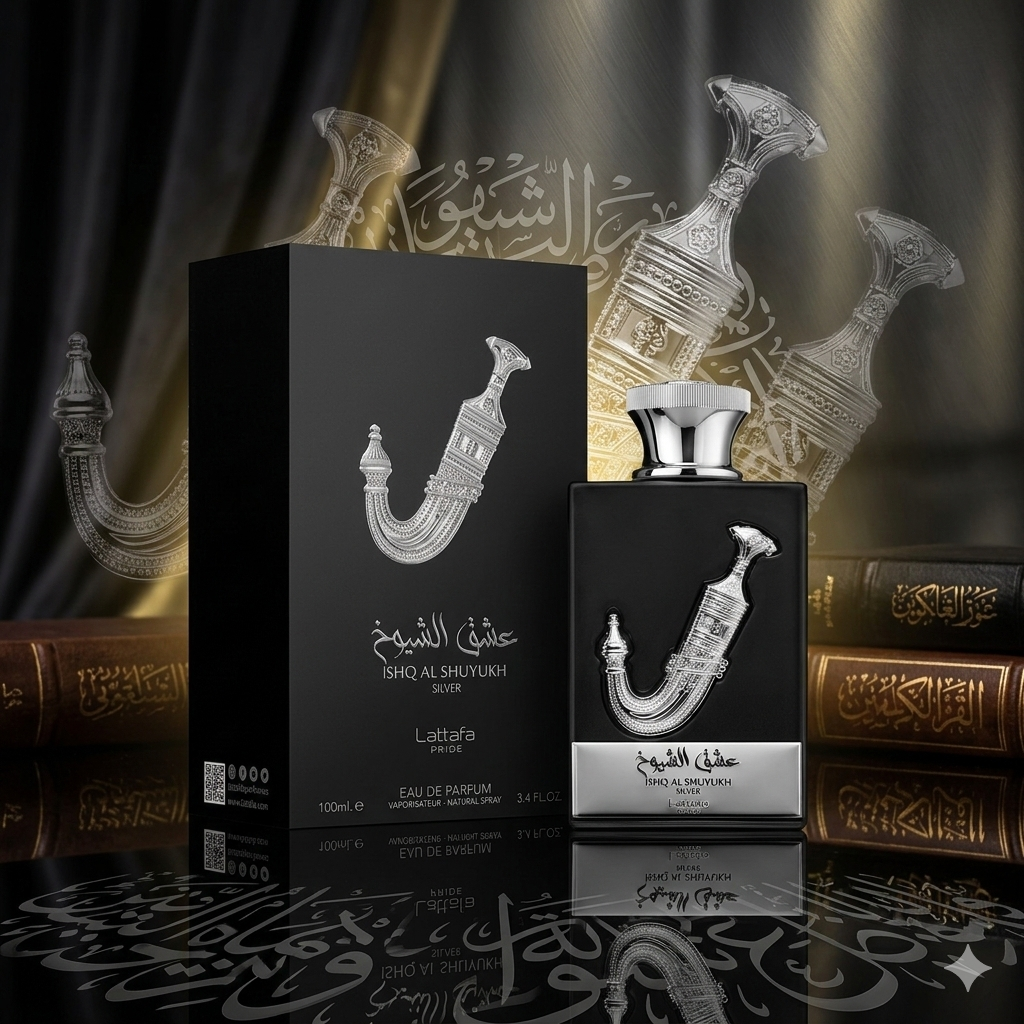 Frasco de perfume Ishq Al Shuyukh Silver Eau de Parfum da Lattafa Pride, design elegante com frasco prateado e detalhes sofisticados.