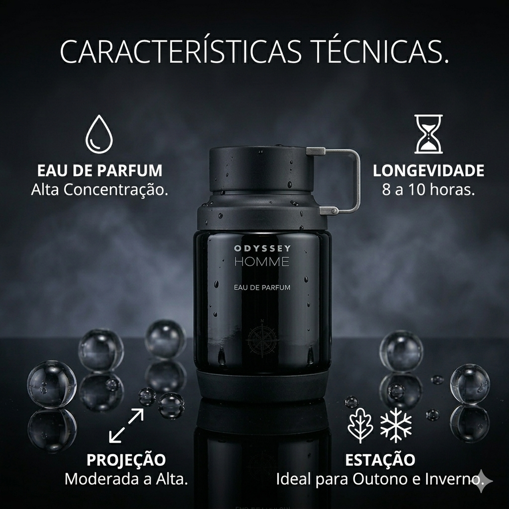 Frasco de Eau de Parfum Odyssey Homme da Armaf, com design elegante e rótulo, para homem, sobre fundo branco.