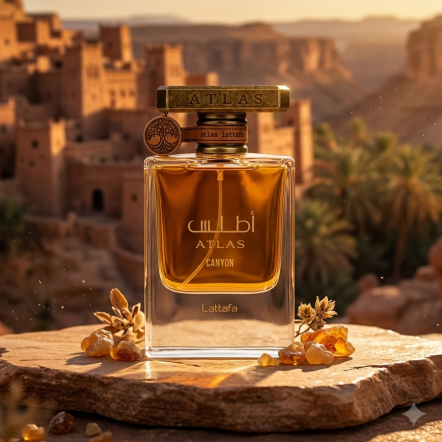 Frasco de perfume Atlas Canyon da Lattafa, Eau de Parfum, com design elegante e detalhes dourados, sobre fundo neutro.