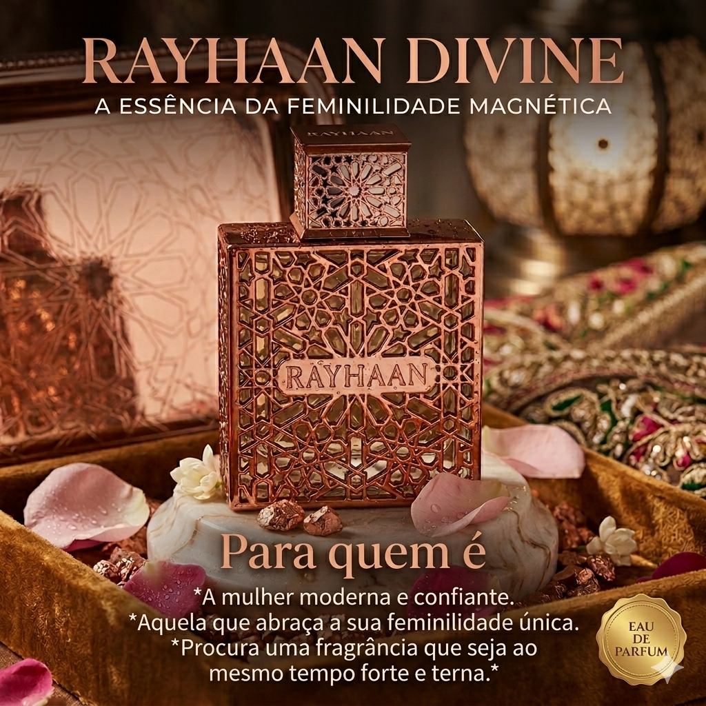 Perfume Rayhaan Divine Original da Luxos do Oriente, frasco de Eau de Parfum com design elegante e fragrância floral e oriental.