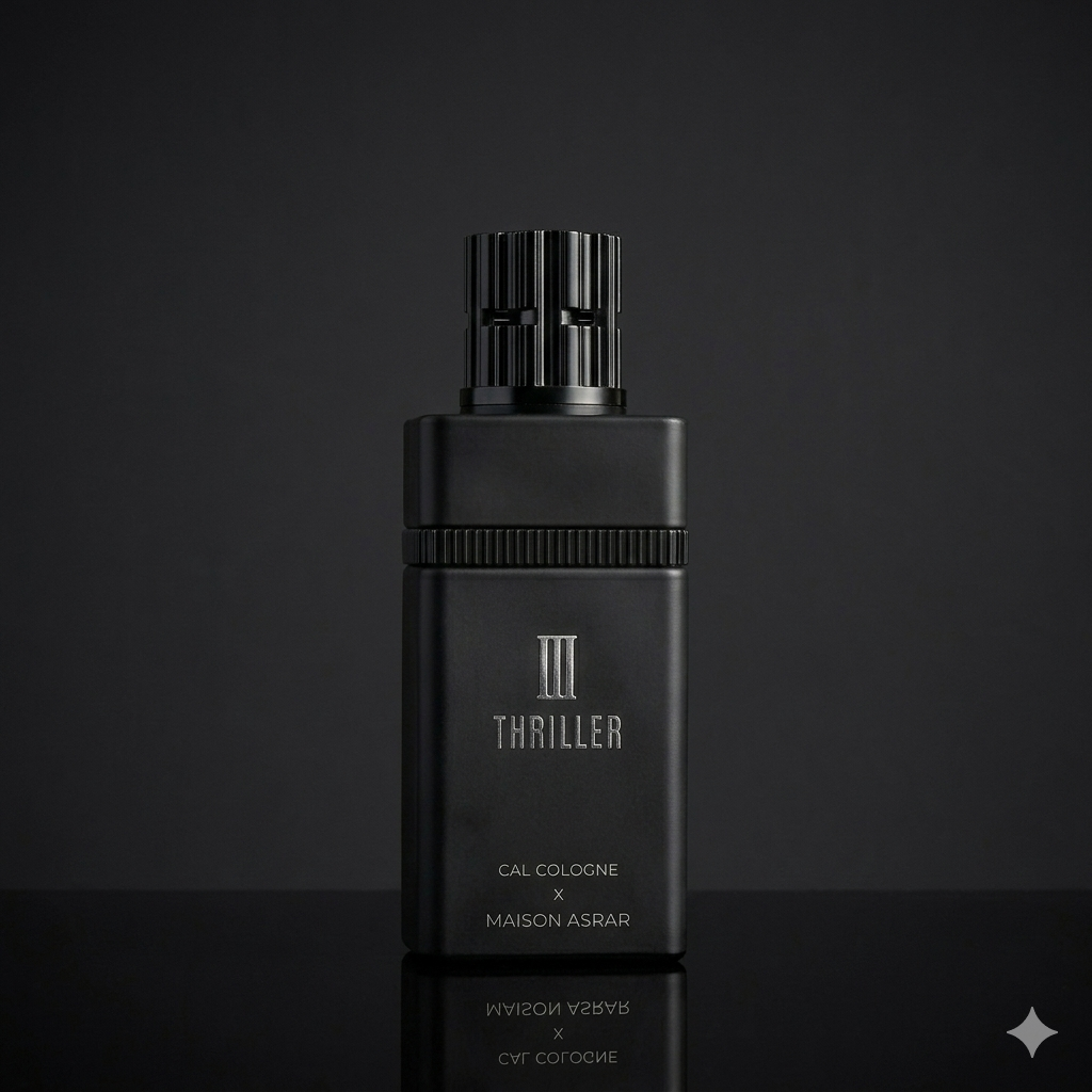 Extrait de Parfum bottle of Thriller by Cal Cologne x Maison Asrar on a textured surface, showcasing elegant design.