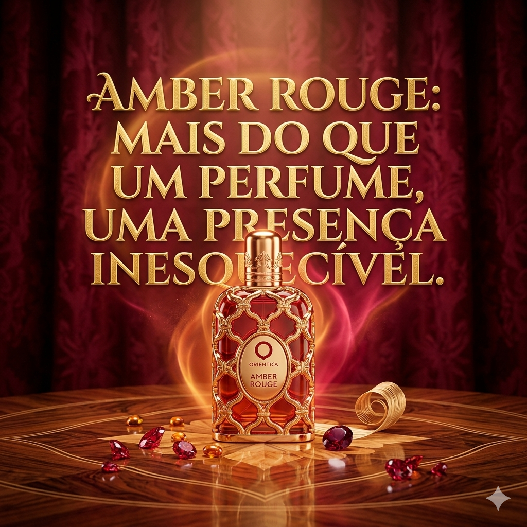 Frasco de perfume Amber Rouge, Eau de Parfum de luxo da Orientica, com embalagem elegante e detalhes dourados.