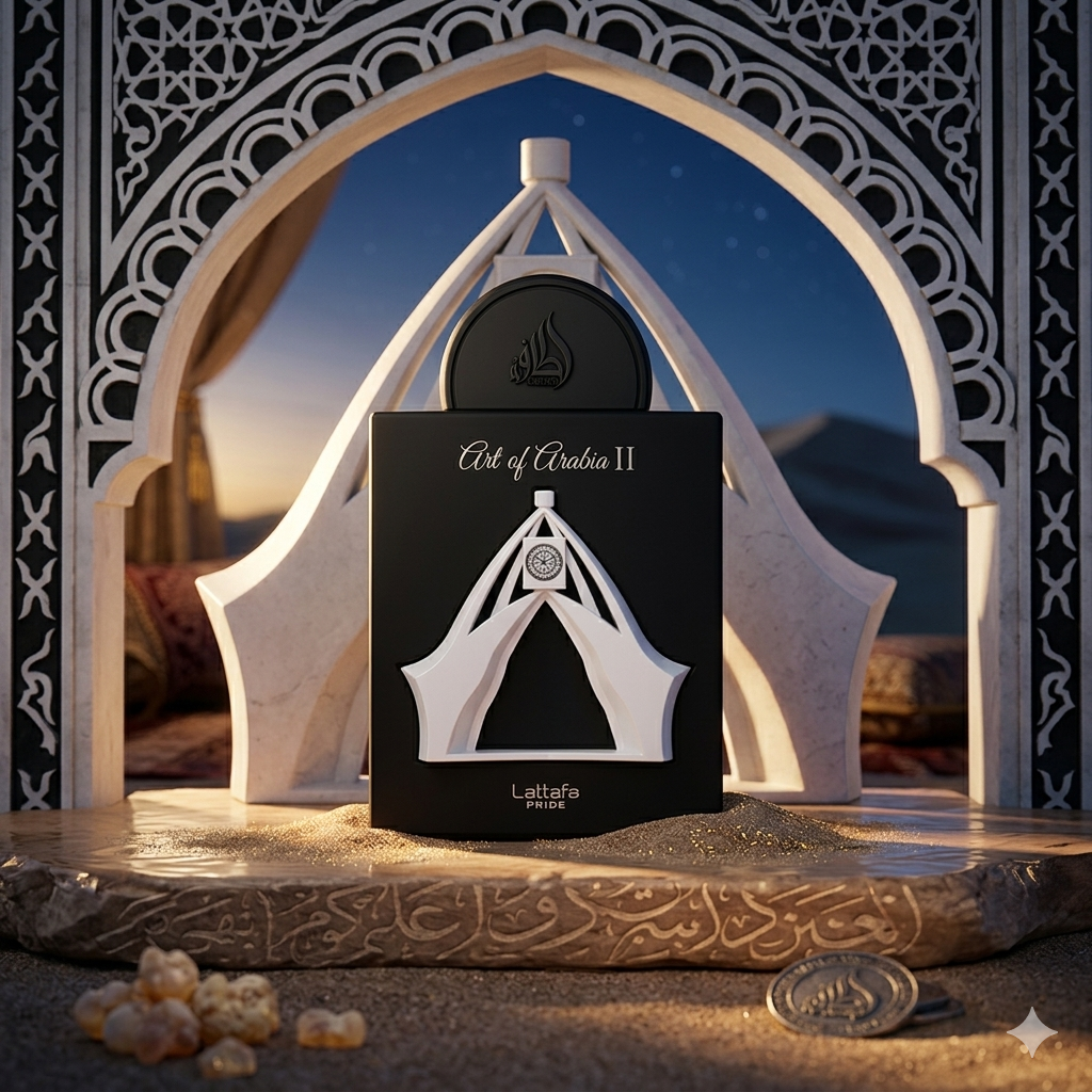 Frasco de perfume Art of Arabia II - Eau de Parfum da Lataffa Pride, embalagem lata decorativa, perfume oriental luxuoso.