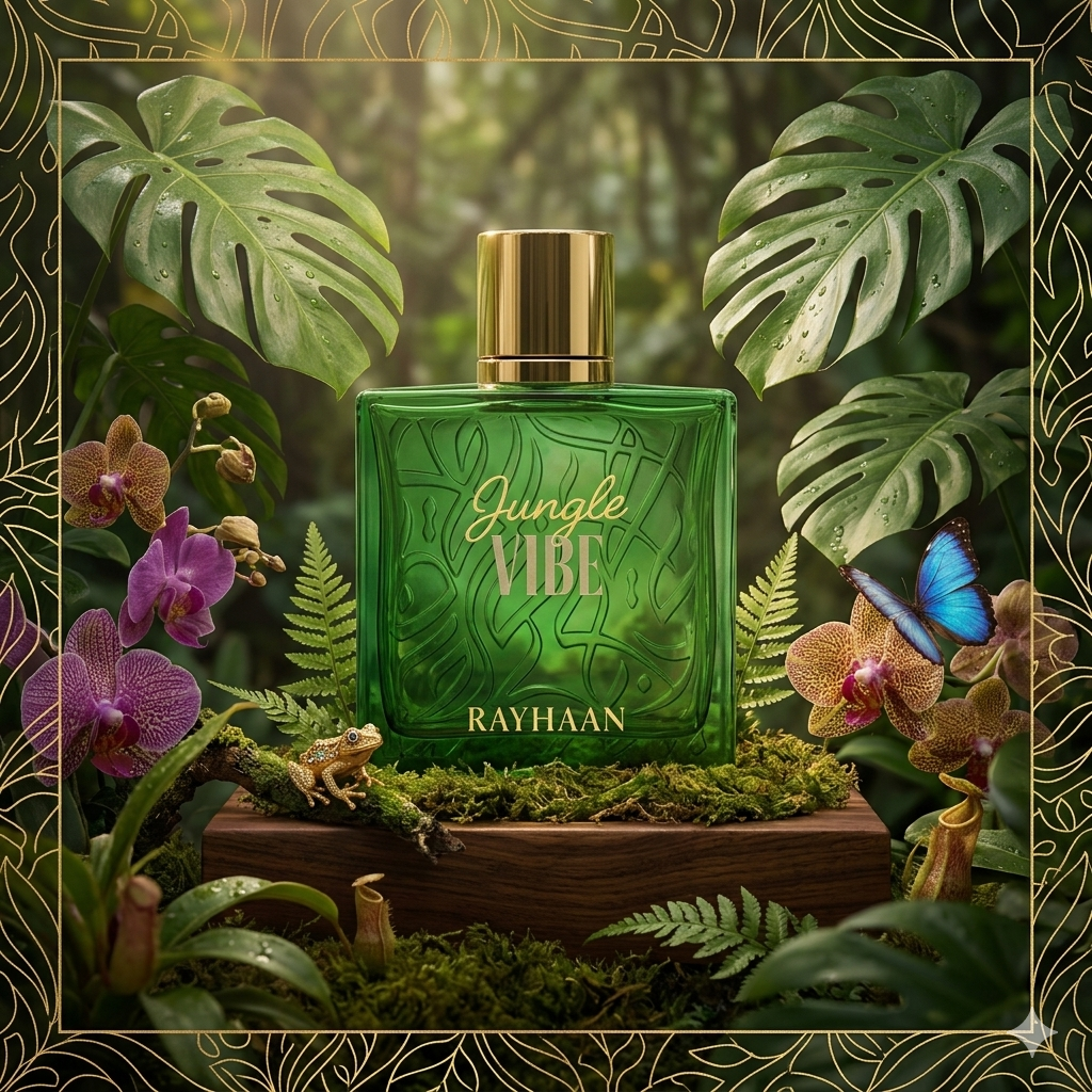 Perfume Rayhaan Jungle Vibe da Luxos do Oriente, embalagem com frasco de Eau de Parfum, design elegante e vibrante.