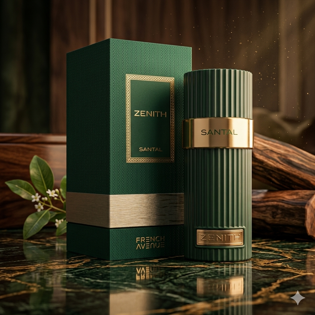 Frasco de perfume Zenith Santal Eau de Parfum da Luxos do Oriente, com design elegante e rótulo detalhado, sobre fundo neutro.