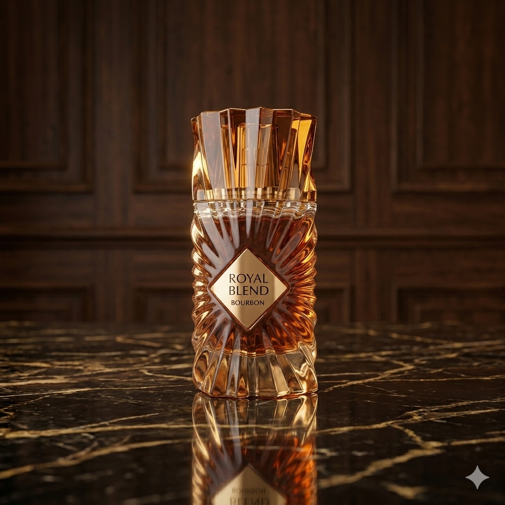 Frasco de perfume Royal Blend Bourbon da Luxos do Oriente, extrait de parfum French Avenue Original, com design elegante e rótulo sofisticado.