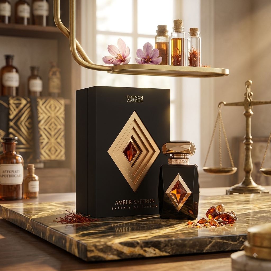 Frasco de perfume Amber Saffron da Luxos do Oriente, extrait de parfum, com rótulo dourado e embalagem elegante.