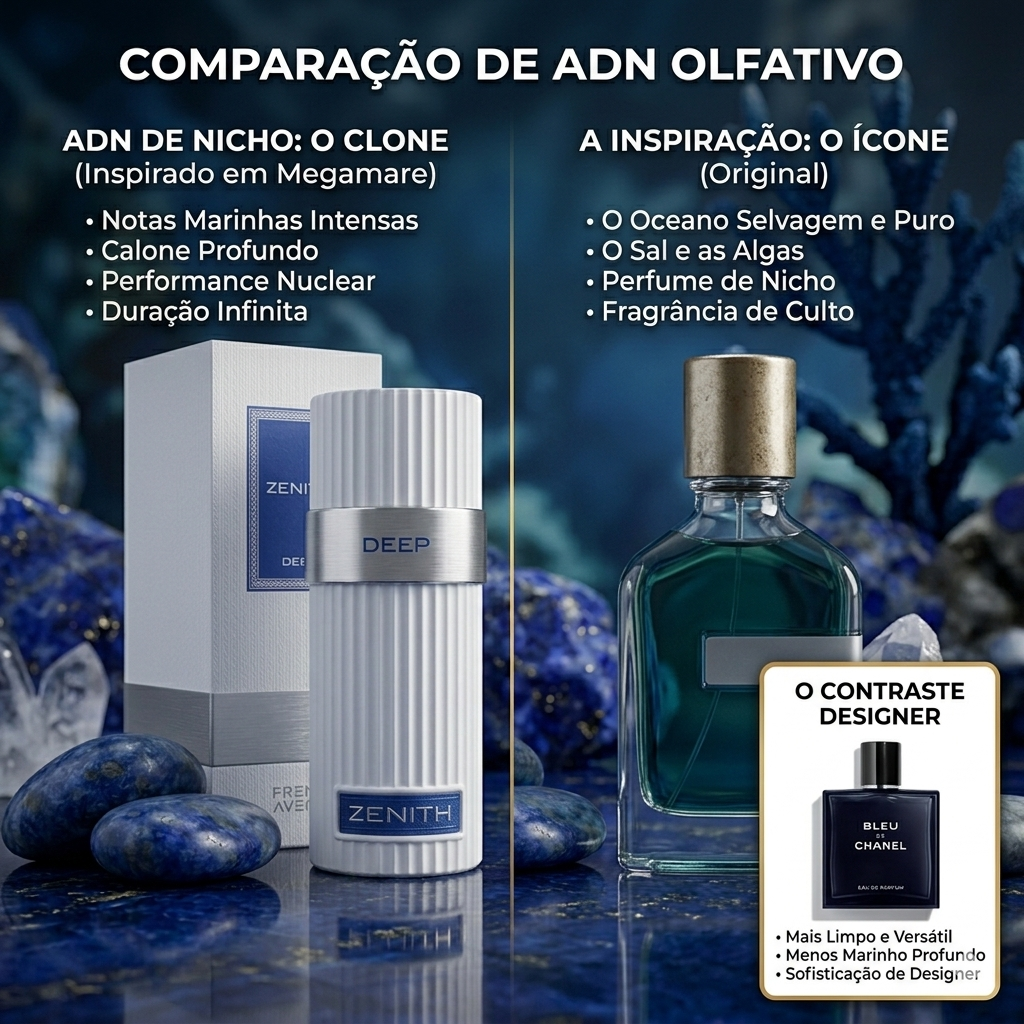 Frasco de perfume Zenith Deep Eau de Parfum da Luxos do Oriente, com design elegante e detalhes dourados.