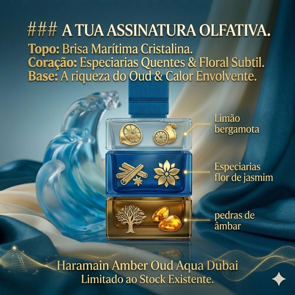 Frasco de perfume Al Haramain Amber Oud Aqua Dubai, extrait de parfum com embalagem elegante, aroma oriental intenso e sofisticado