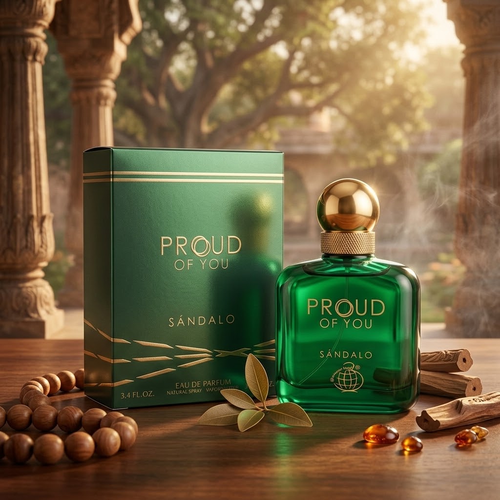 Frasco de perfume Proud of You Sândalo da Fragrance World, embalagem elegante com detalhes dourados e rótulo.
