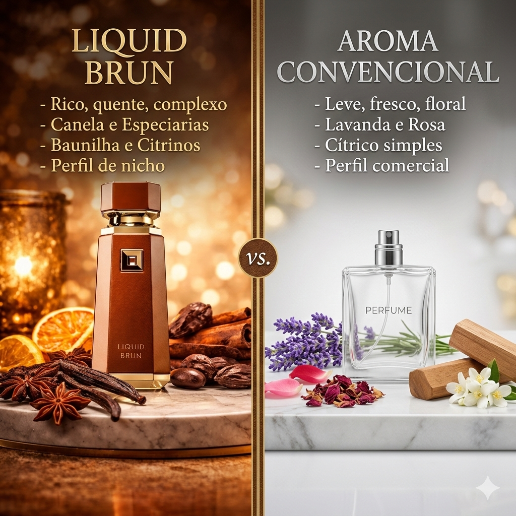 Liquid Brun by Oud de Ouro, showcasing a dark amber bottle with intricate label design and elegant cap.