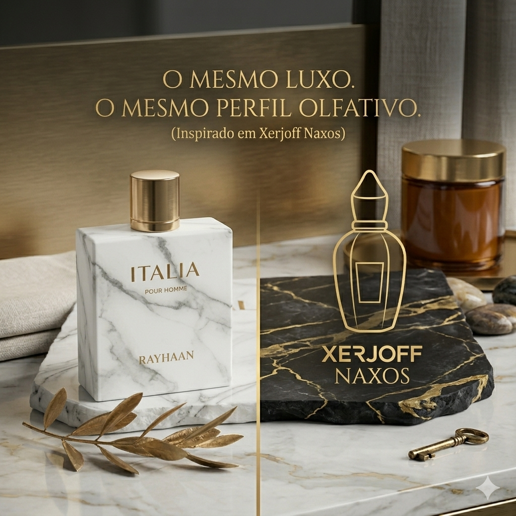 Frasco de perfume Rayhaan Italia - Eau de Parfum Rayhaan Original com design elegante e embalagem sofisticada.