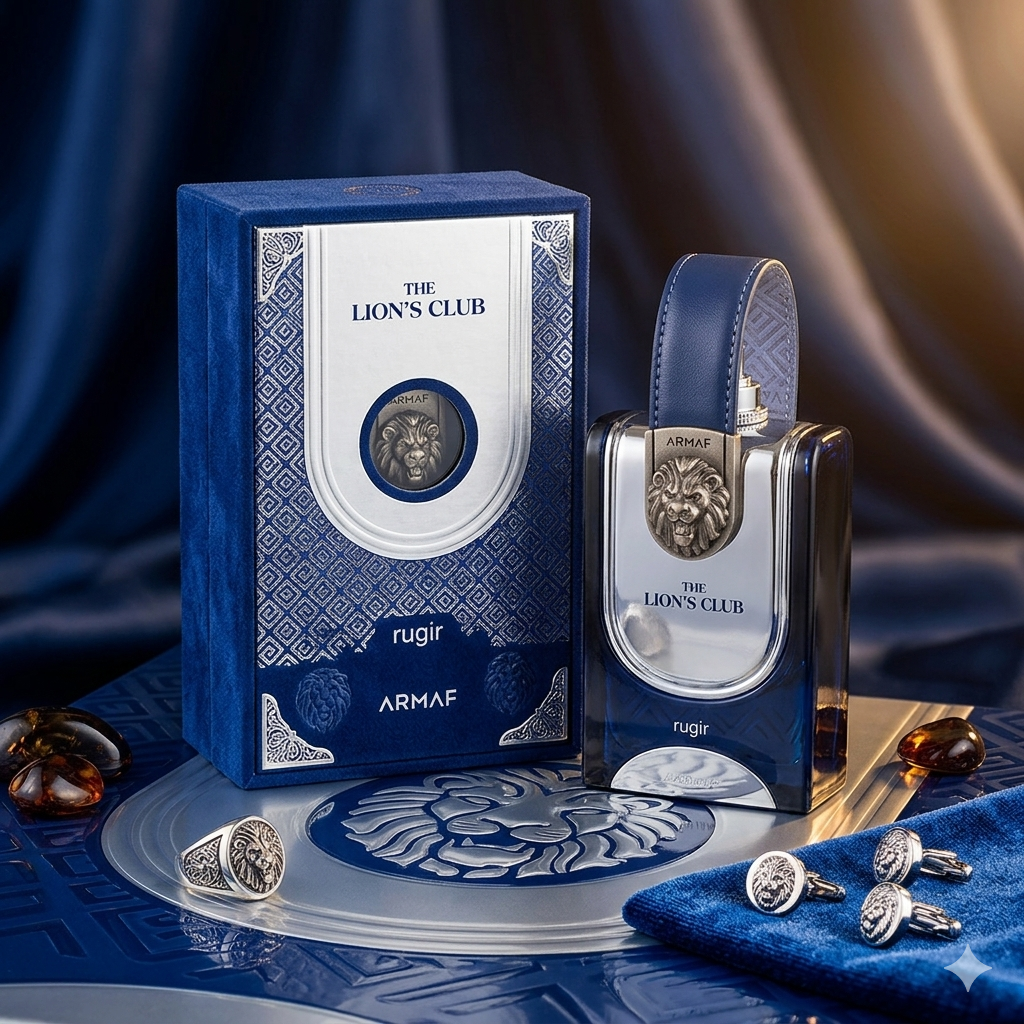 Frasco de perfume The Lion's Club Rugir de Armaf, com design elegante e detalhes dourados, para homens.
