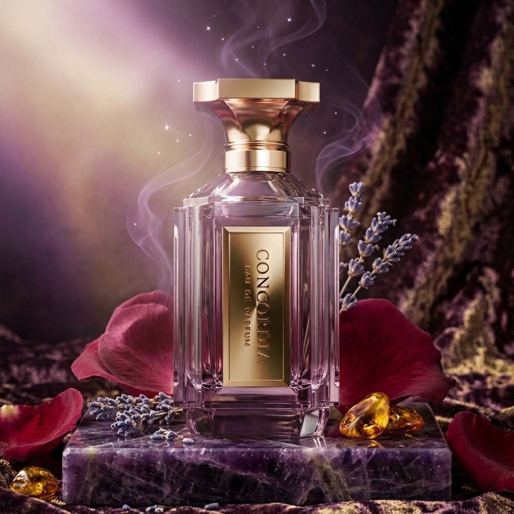 Frasco de Eau de Parfum Concordia Velixir da Luxos do Oriente, com design elegante e detalhes dourados na embalagem.