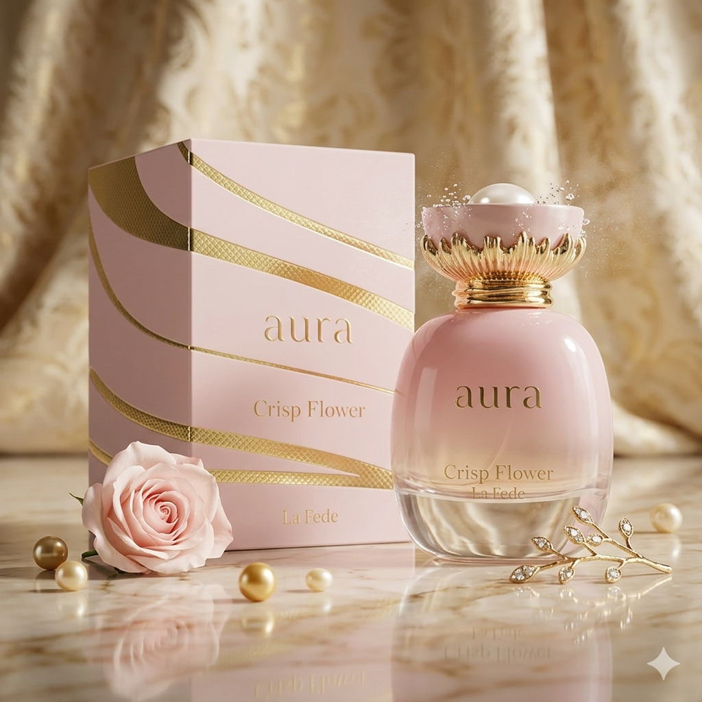 Frasco do perfume Aura Crisp Flower da La Fede Original, elegante, com detalhes florais e tampa dourada, em fundo neutro.