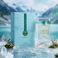 Perfume Eau de Parfum Atlas Glacial Valley da Lattafa, frasco elegante com detalhes em azul e prata, inspirado em paisagens glaciais.
