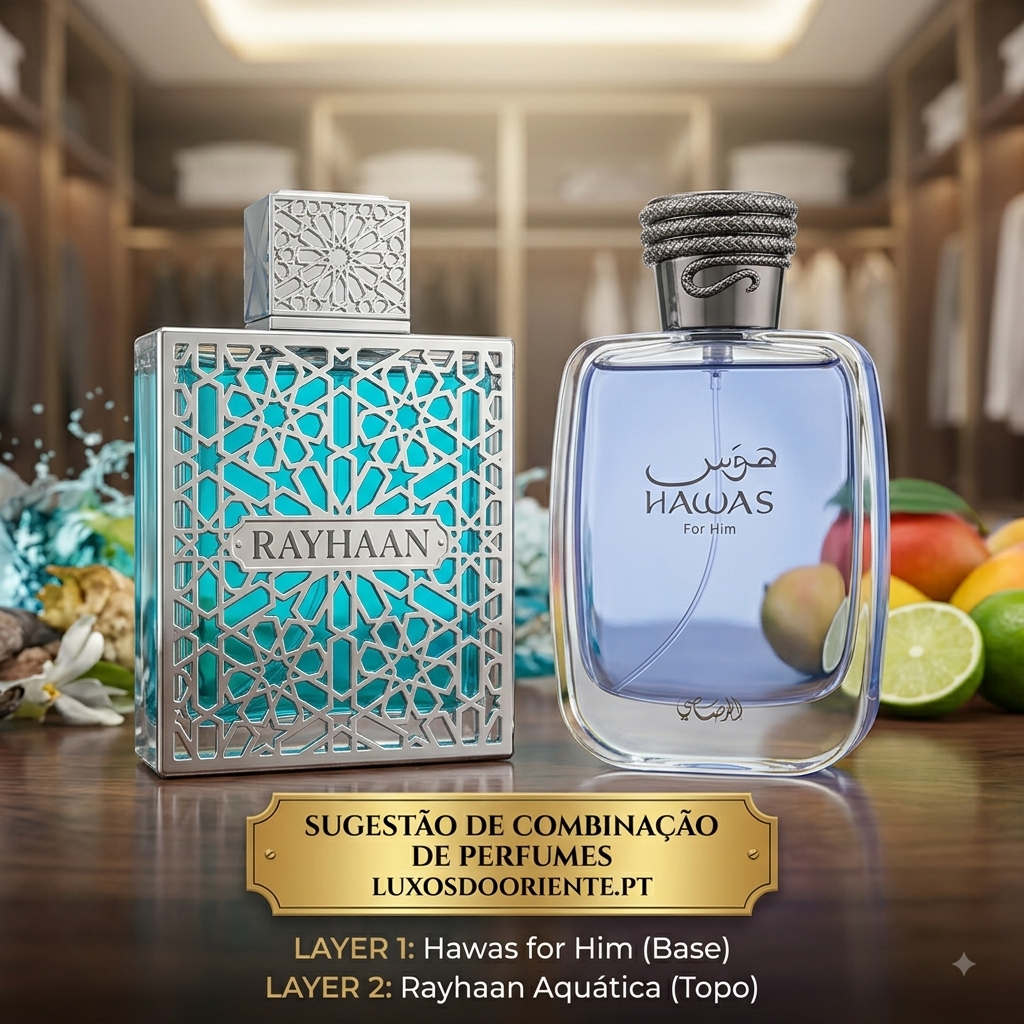 Conjunto de perfumes Luxos do Oriente Hawas for Him e Rayhaan Aquática, frascos de diferentes tamanhos e designs elegantes.