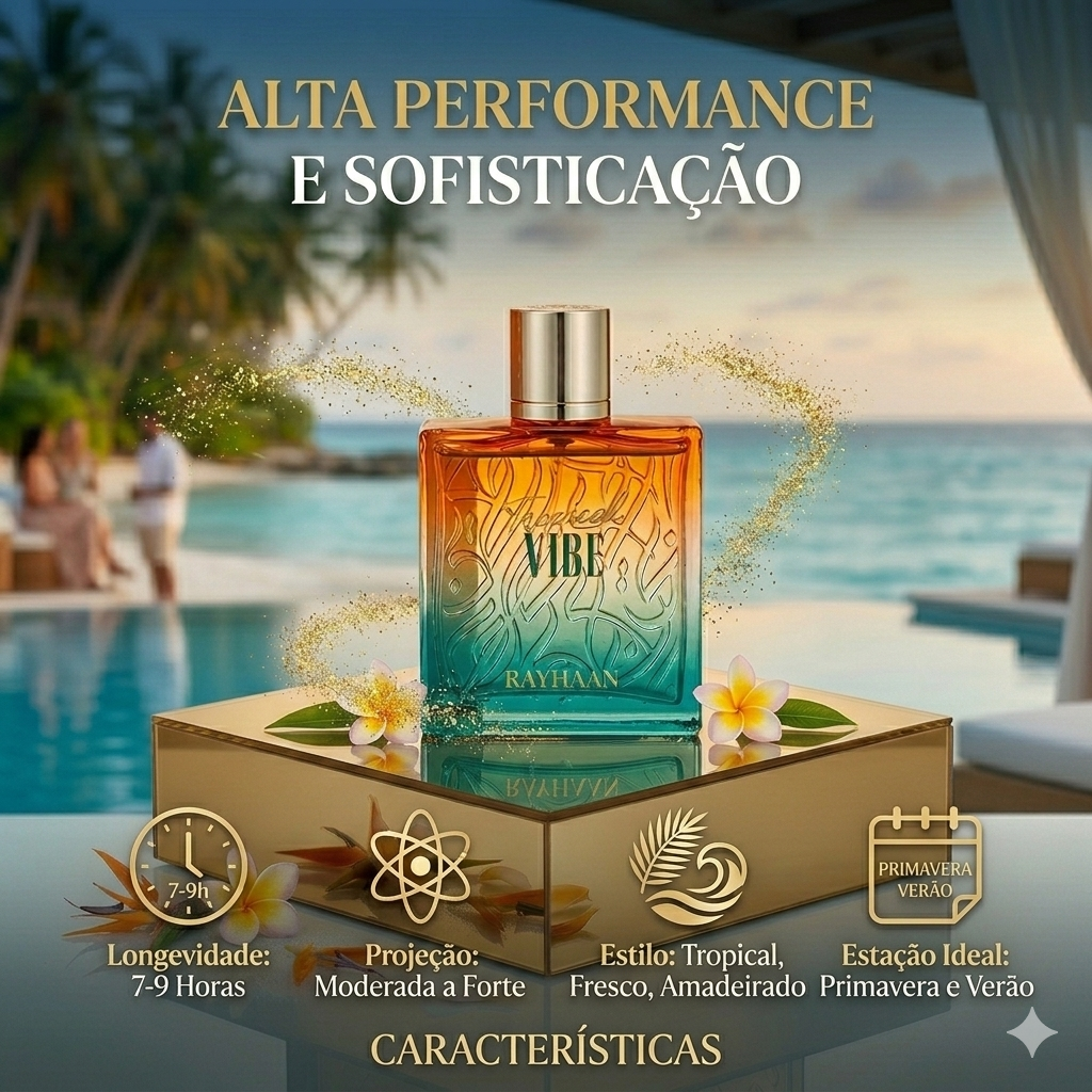 Frasco de Eau de Parfum Rayhaan Tropical Vibe da Luxos do Oriente, com design elegante e rótulo tropical, para fragrância refrescante.