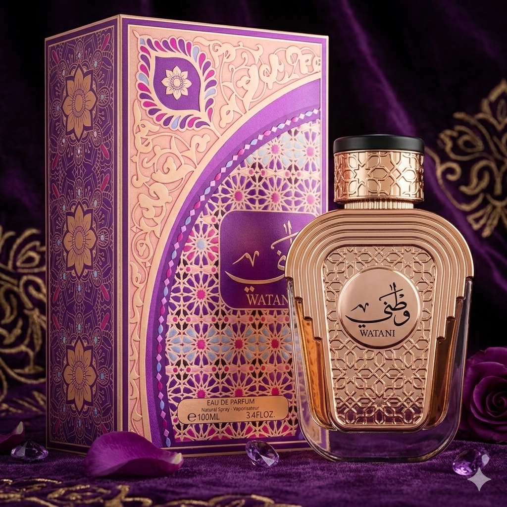 Frasco de perfume Eau de Parfum Watani Al Wataniah da Luxos do Oriente, embalagem elegante e design clássico.