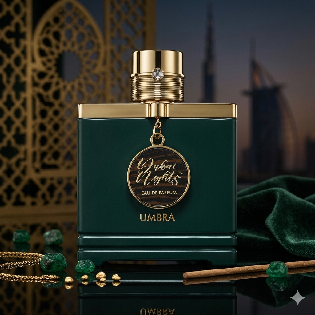 Perfume Eau de Parfum Dubai Nights Umbra da Armaf, frasco elegante com design sofisticado, ideal para ocasiões especiais.