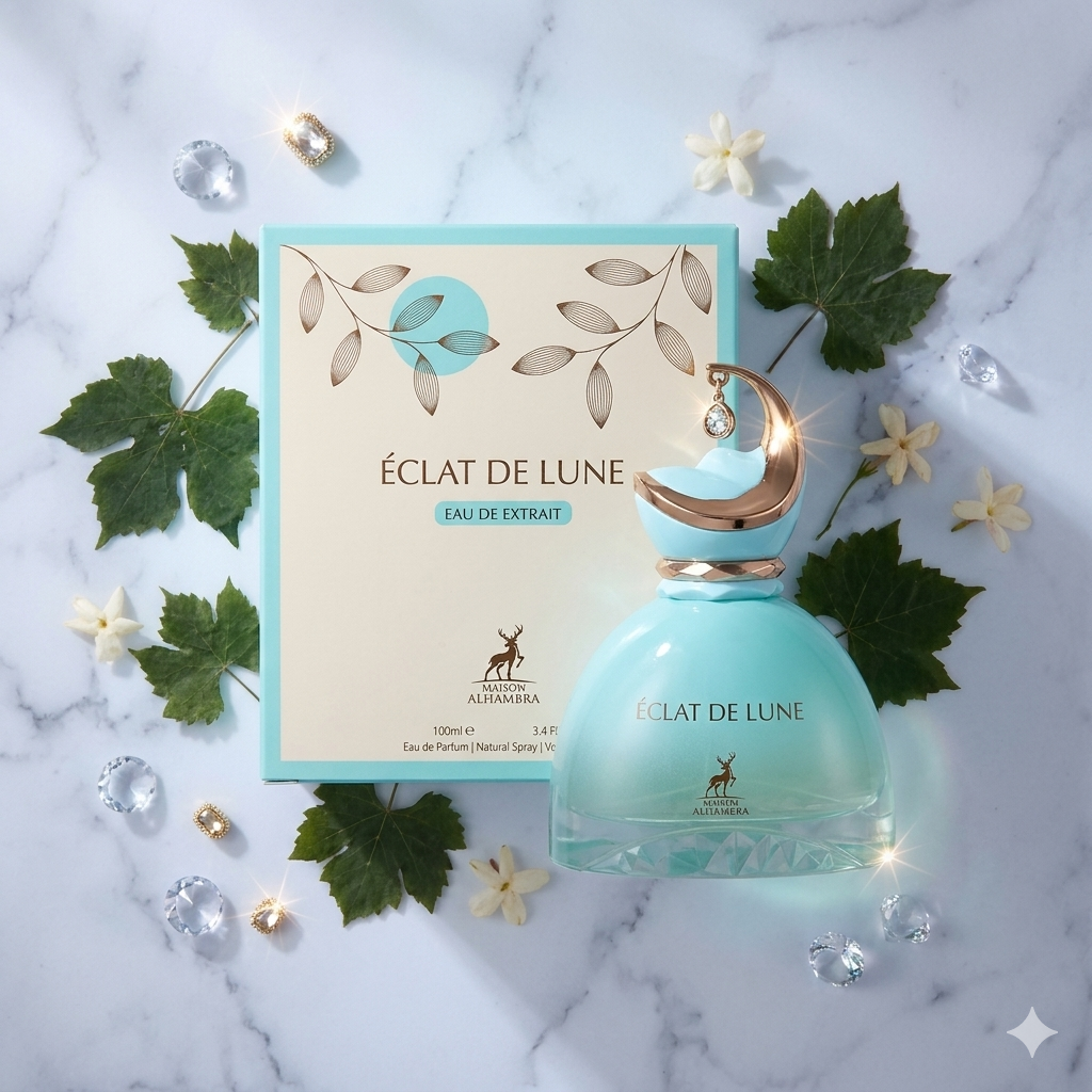 Frasco de perfume Éclat de Lune da Maison Alhambra Original, com embalagem elegante e design sofisticado.