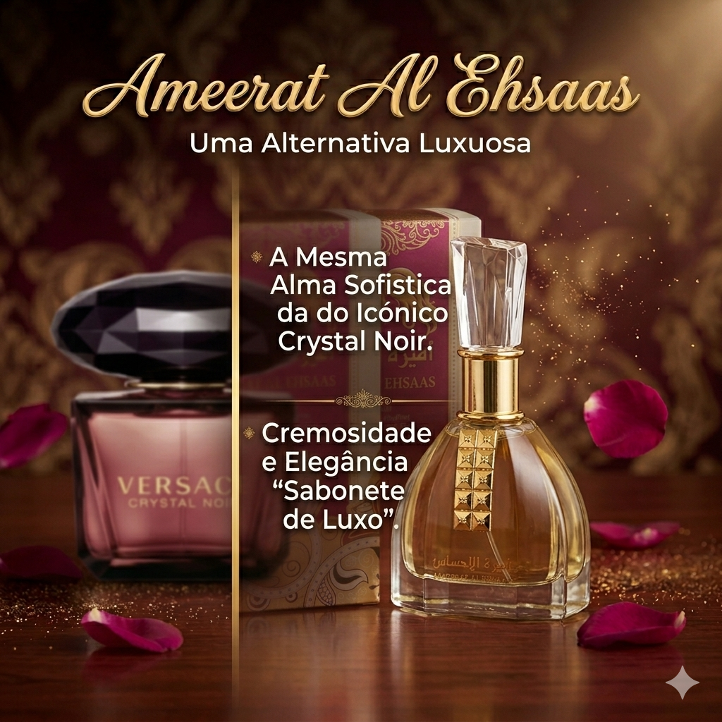 Perfume Ameerat Al Ehsaas Eau de Parfum da Ard Al Zaafran, fragrância original, com frasco elegante e detalhes dourados.