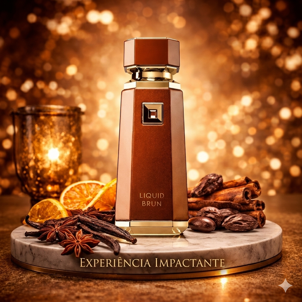 Liquid Brun fragrance bottle by Oud de Ouro, featuring a sleek design with a dark amber liquid and elegant label.