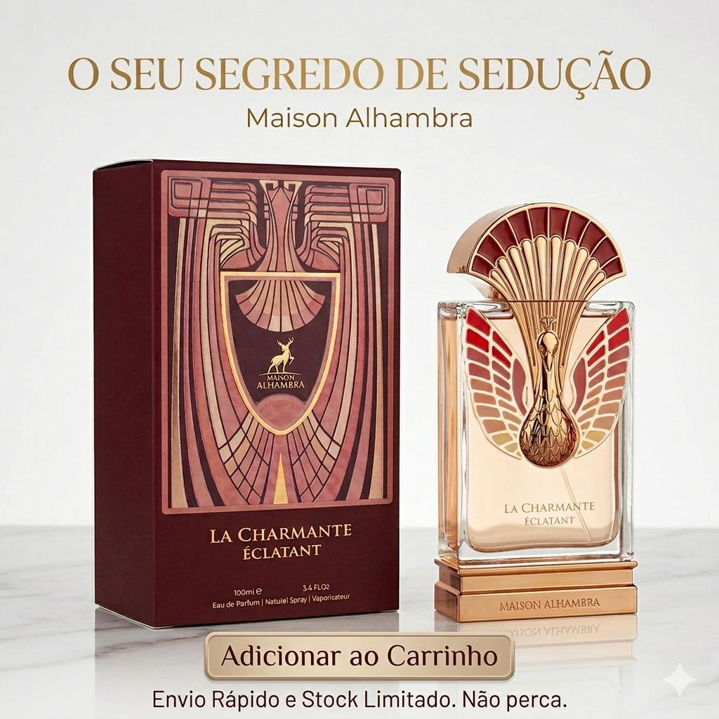 Frasco de Eau de Parfum La Charmante Éclatant da Maison Alhambra, com design elegante e detalhes sofisticados, da marca Luxos do Oriente.